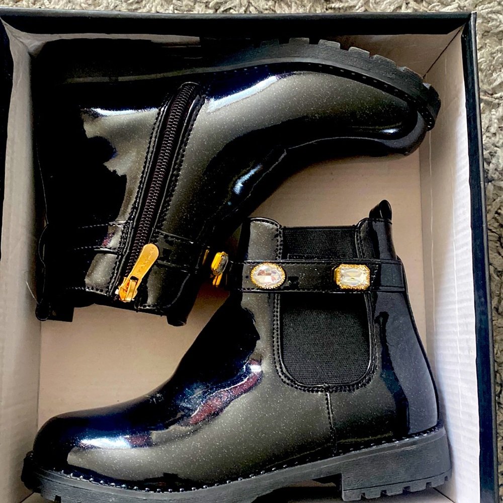 Girls Tahari Patent Leather Ankle Booties side Zipper and Rhinestones